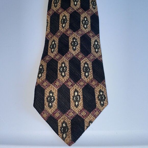 Vtg 70s black, tan, dark green, cream & maroon silk tie - Picture 2 of 5